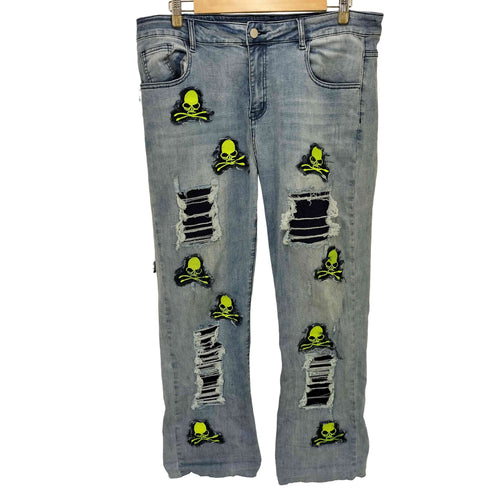 FAIR FOCUS スカル刺繍 ダメージ加工 ストレートデニムパンツ メンズ  XXL